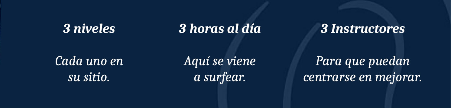 3 niveles, 3 horas de surf al d&iacute;a, 3 instructores